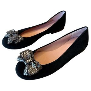 French Sole Black Suede Flats with Embellished Bow